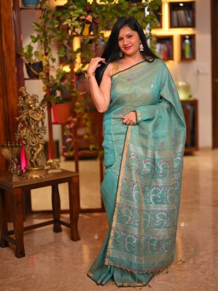 Mohini Light Green Handloom Tissue Linen Saree with Blouse Piece