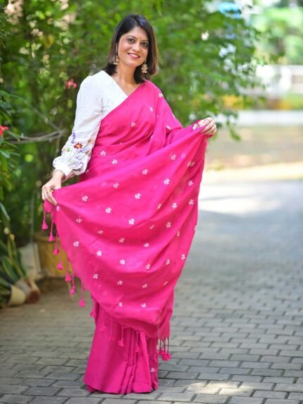 Parijat Khadi Cotton Pink Saree with Floral Embroidery and Tassels